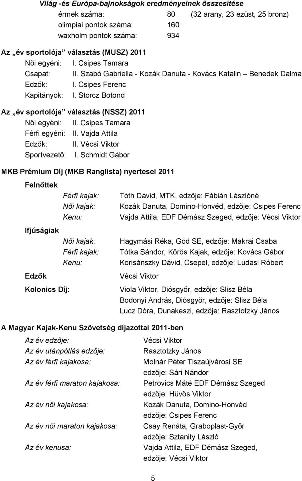 Storcz Botond Az év sportolója választás (NSSZ) 2011 Női egyéni: II. Csipes Tamara Férfi egyéni: II. Vajda Attila Edzők: II. Vécsi Viktor Sportvezető: I.