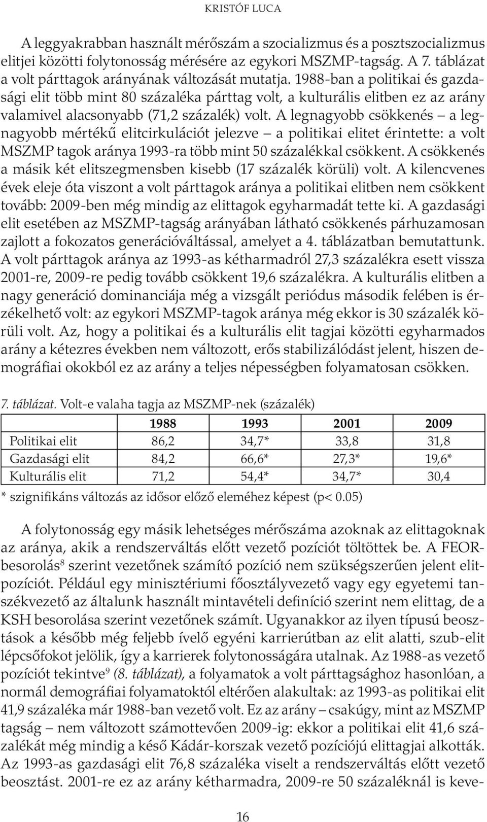 1988-ban a politikai és gazdasági elit több mint 80 százaléka párttag volt, a kulturális elitben ez az arány valamivel alacsonyabb (71,2 százalék) volt.