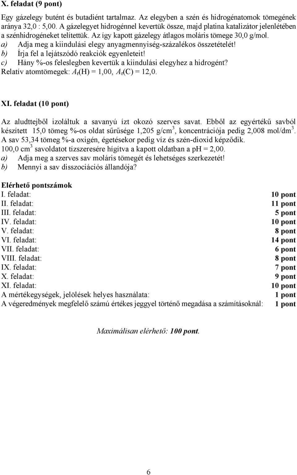 a) Adja meg a kiindulási elegy anyagmennyiség-százalékos összetételét! b) Írja fel a lejátszódó reakciók egyenleteit! c) Hány %-os feleslegben kevertük a kiindulási elegyhez a hidrogént?