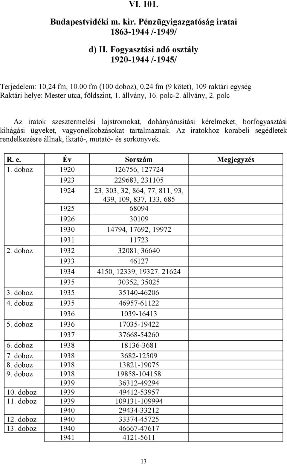 polc Az iratok szesztermelési lajstromokat, dohányárusítási kérelmeket, borfogyasztási kihágási ügyeket, vagyonelkobzásokat tartalmaznak.