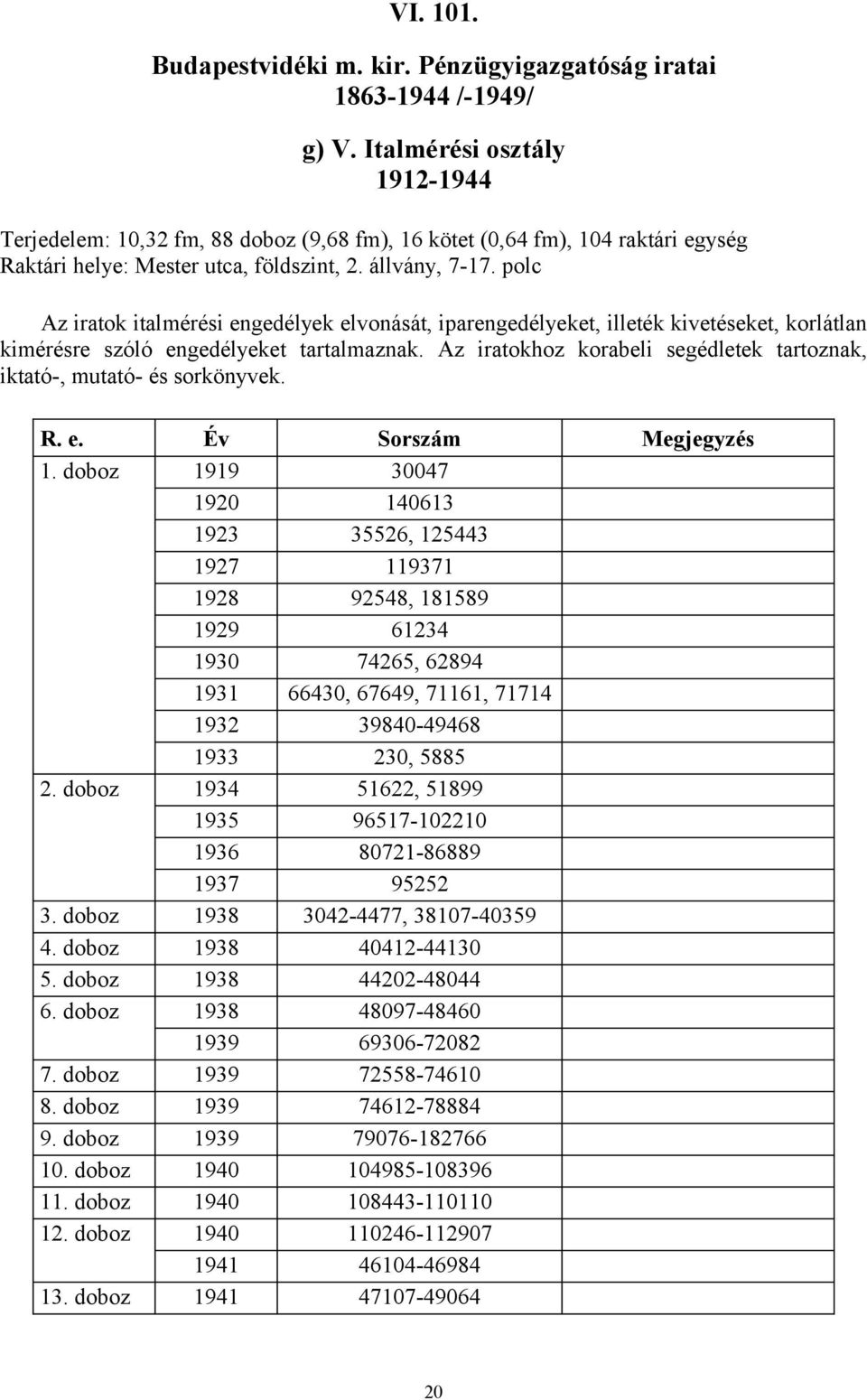 polc Az iratok italmérési engedélyek elvonását, iparengedélyeket, illeték kivetéseket, korlátlan kimérésre szóló engedélyeket tartalmaznak.