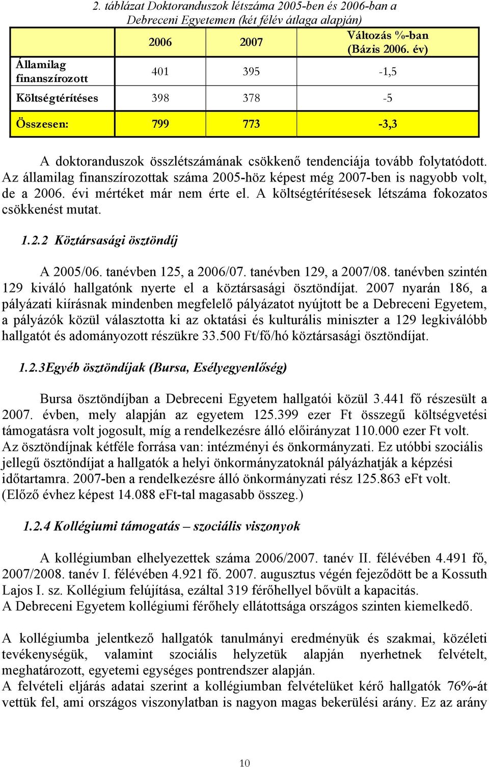 Az államilag finanszírozottak száma 2005-höz képest még 2007-ben is nagyobb volt, de a 2006. évi mértéket már nem érte el. A költségtérítésesek létszáma fokozatos csökkenést mutat. 1.2.2 Köztársasági ösztöndíj A 2005/06.