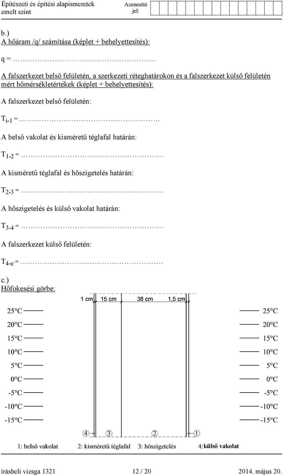 behelyettesítés): A falszerkezet belső felületén: T i-1 = A belső vakolat és kisméretű téglafal határán: T 1-2 =.