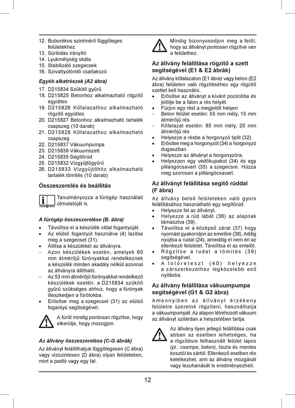 D215828 Kőfalazathoz alkalmazható csapszeg 22. D215837 Vákuumpumpa 23. D215839 Vákuumszett 24. D215835 Segítőrúd 25. D215832 Vízgyűjtőgyűrű 26.