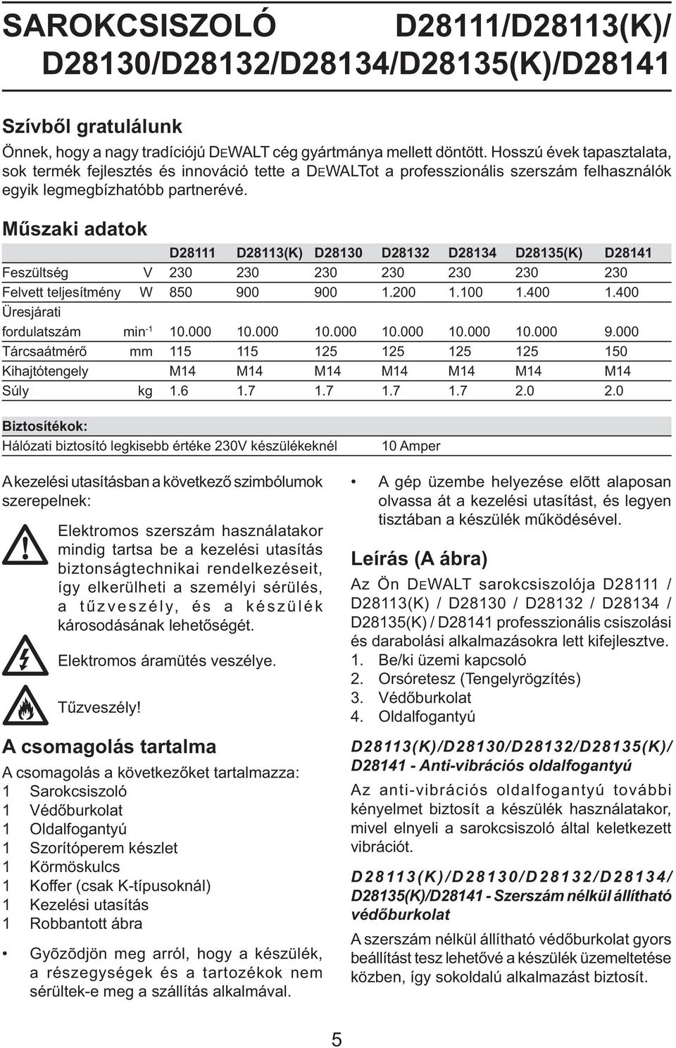 Műszaki adatok D28111 D28113(K) D28130 D28132 D28134 D28135(K) D28141 Feszültség V 230 230 230 230 230 230 230 Felvett teljesítmény W 850 900 900 1.200 1.100 1.400 1.