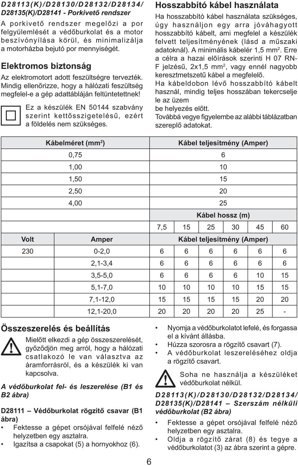 Ez a készülék EN 50144 szabvány szerint kettősszigetelésű, ezért a földelés nem szükséges.