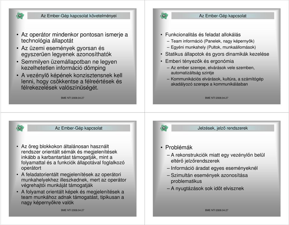 Funkcionalitás és feladat allokálás Team információ (Panelek, nagy képernyık) Egyéni munkahely (Pultok, munkaállomások) Statikus állapotok és gyors dinamikák kezelése Emberi tényezık és ergonómia Az