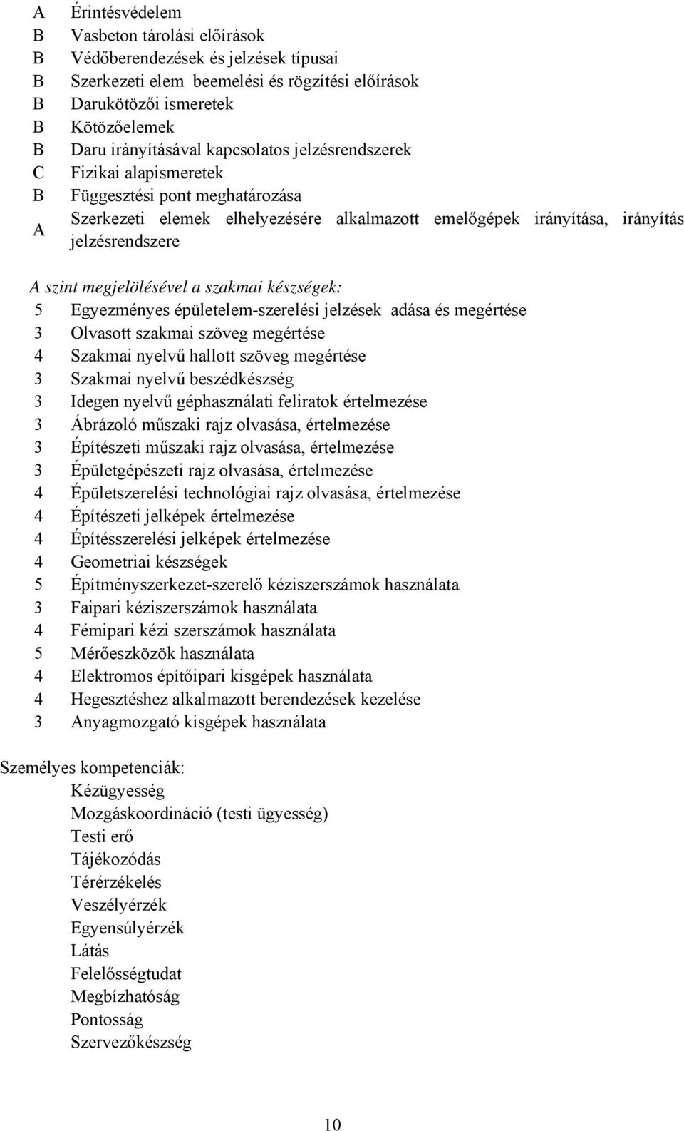 készségek: 5 Egyezményes épületelem-szerelési jelzések adása és megértése 3 Olvasott szakmai szöveg megértése 4 Szakmai nyelvű hallott szöveg megértése 3 Szakmai nyelvű beszédkészség 3 Idegen nyelvű