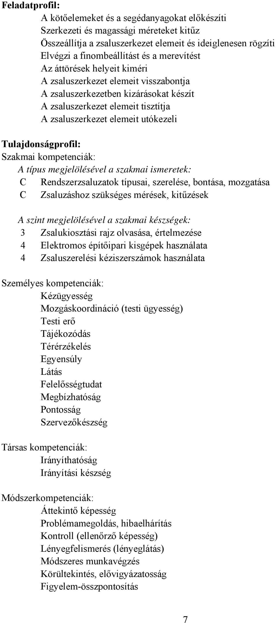 Tulajdonságprofil: Szakmai kompetenciák: A típus megjelölésével a szakmai ismeretek: Rendszerzsaluzatok típusai, szerelése, bontása, mozgatása Zsaluzáshoz szükséges mérések, kitűzések A szint