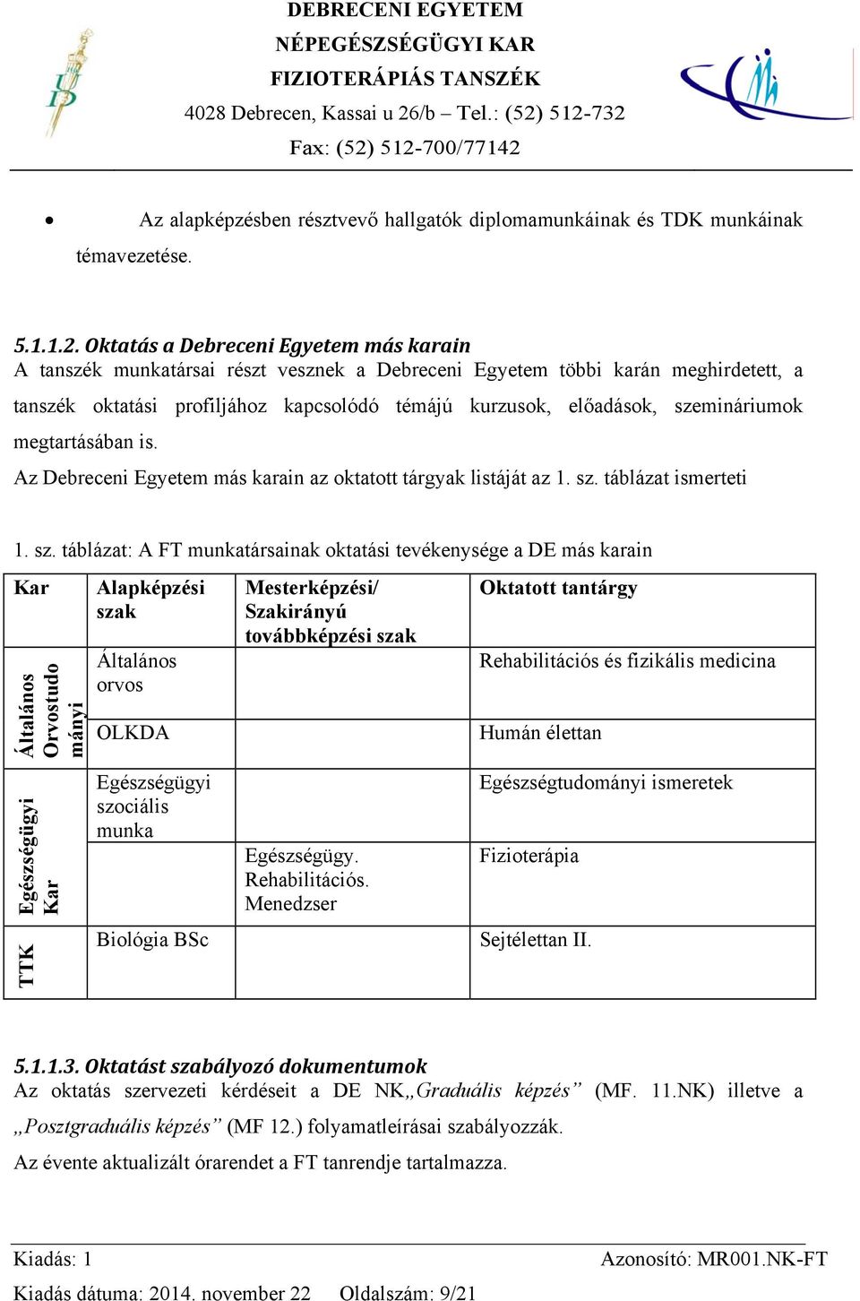 szemináriumok megtartásában is. Az Debreceni Egyetem más karain az oktatott tárgyak listáját az 1. sz.