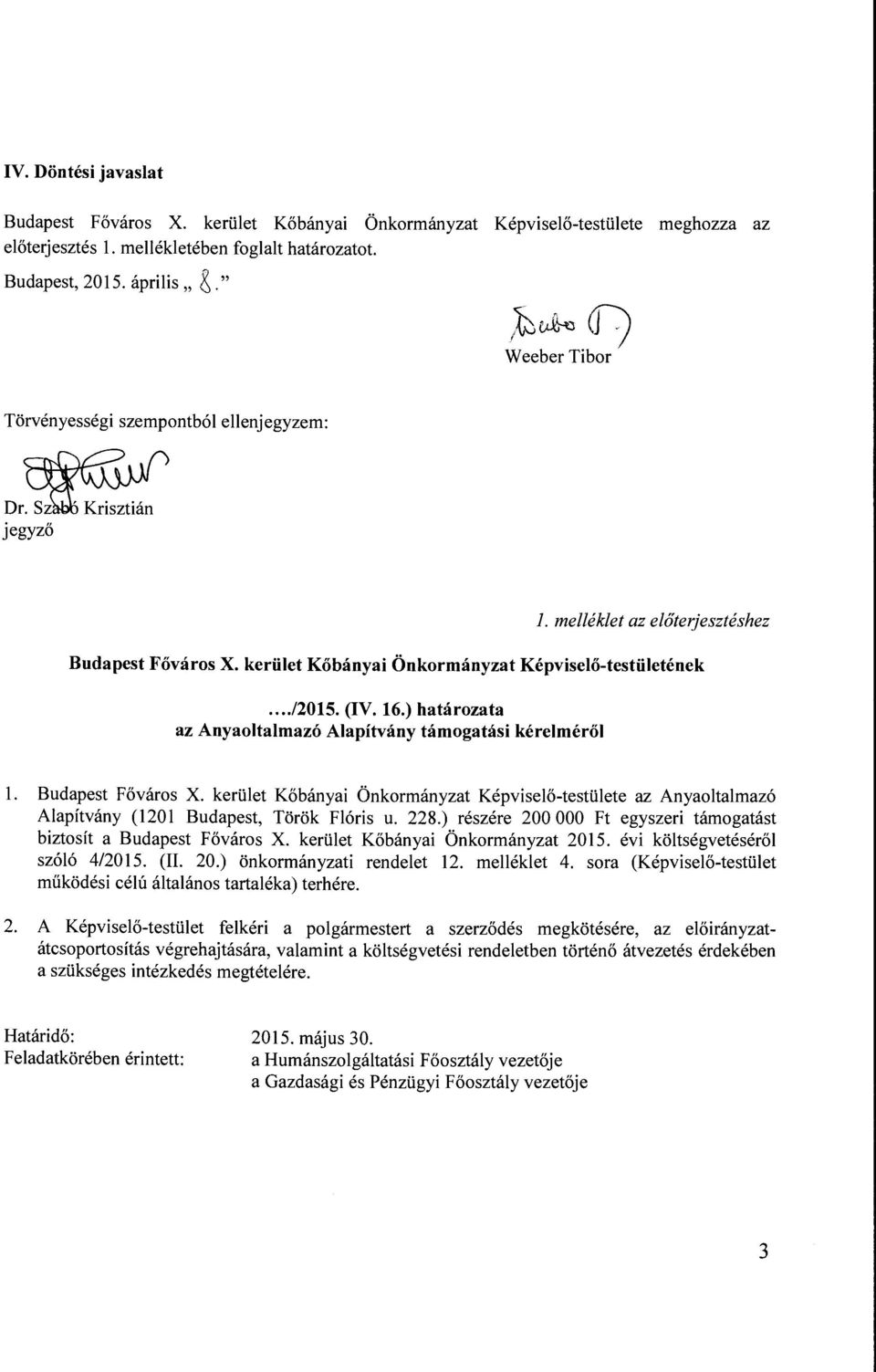 ) határozata az Anyaoltalmazó Alapítvány támogatási kérelméről l. Budapest Főváros X. kerület Kőbányai Önkormányzat Képviselő-testülete az Anyaoltalmazó Alapítvány (1201 Budapest, Török Flóris u. 228.