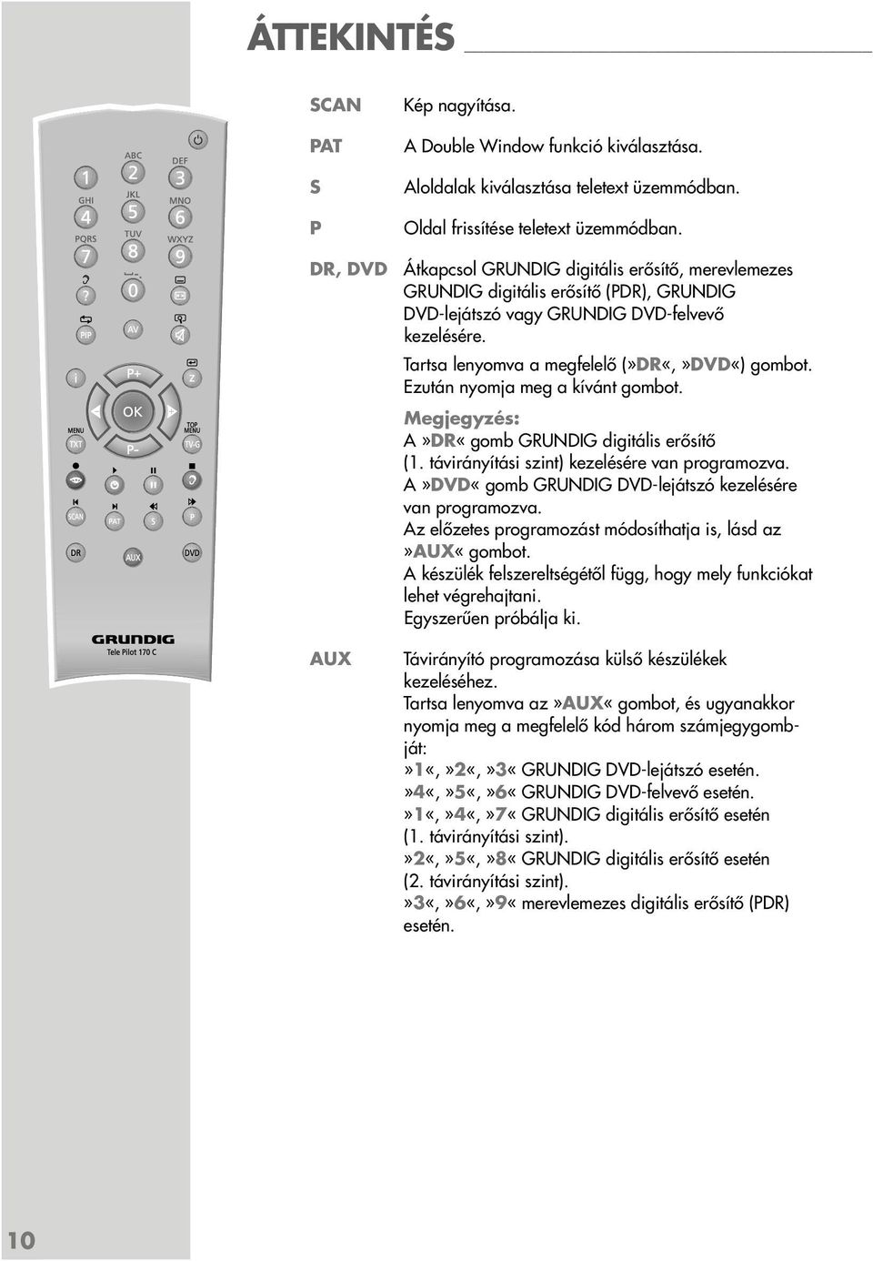 Ezután nyomja meg a kívánt gombot. A»DR«gomb GRUNDIG digitális erősítő (1. távirányítási szint) kezelésére van programozva. A»DVD«gomb GRUNDIG DVD-lejátszó kezelésére van programozva.