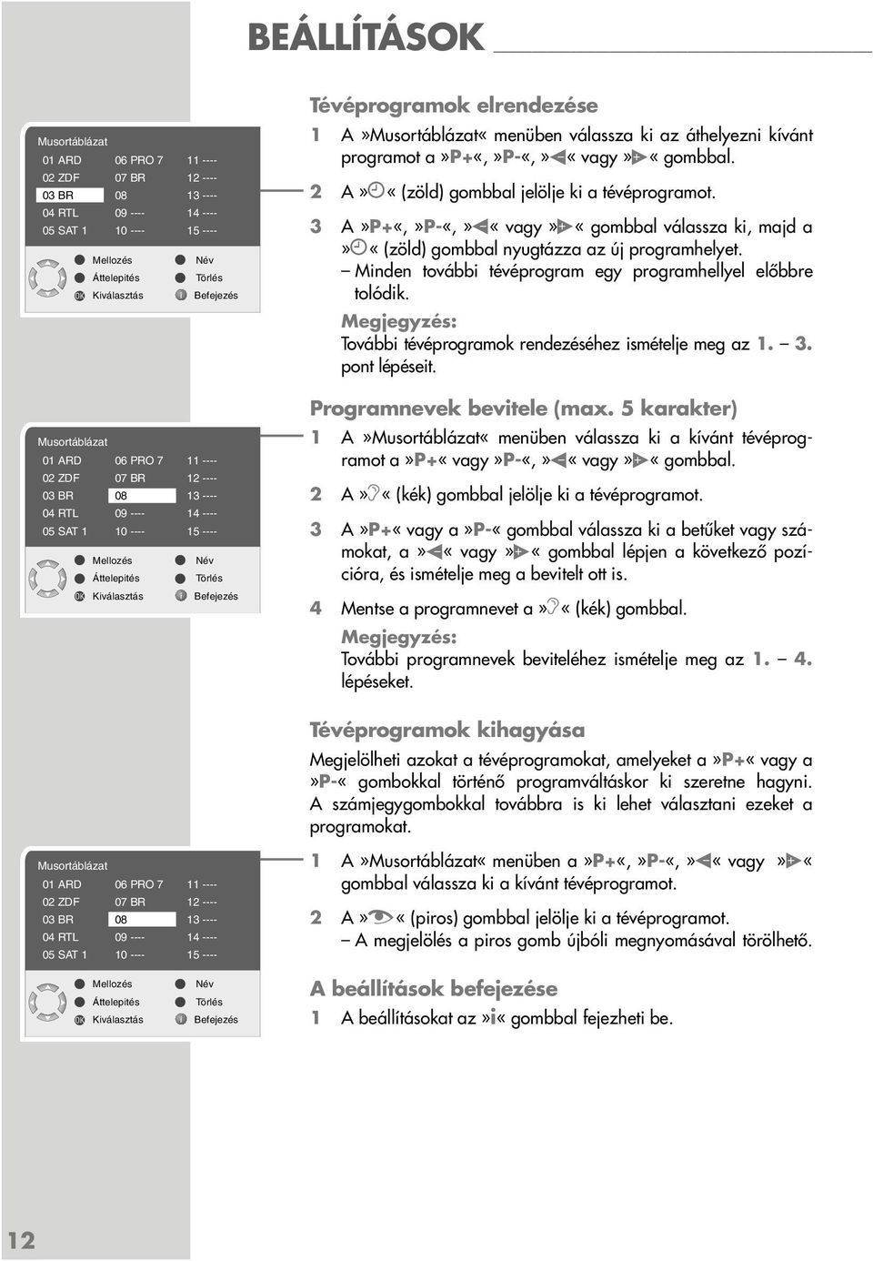 A»Musortáblázat«menüben válassza ki az áthelyezni kívánt programot a»p+«,»p-«,» «vagy» «gombbal. 2 A» «(zöld) gombbal jelölje ki a tévéprogramot.