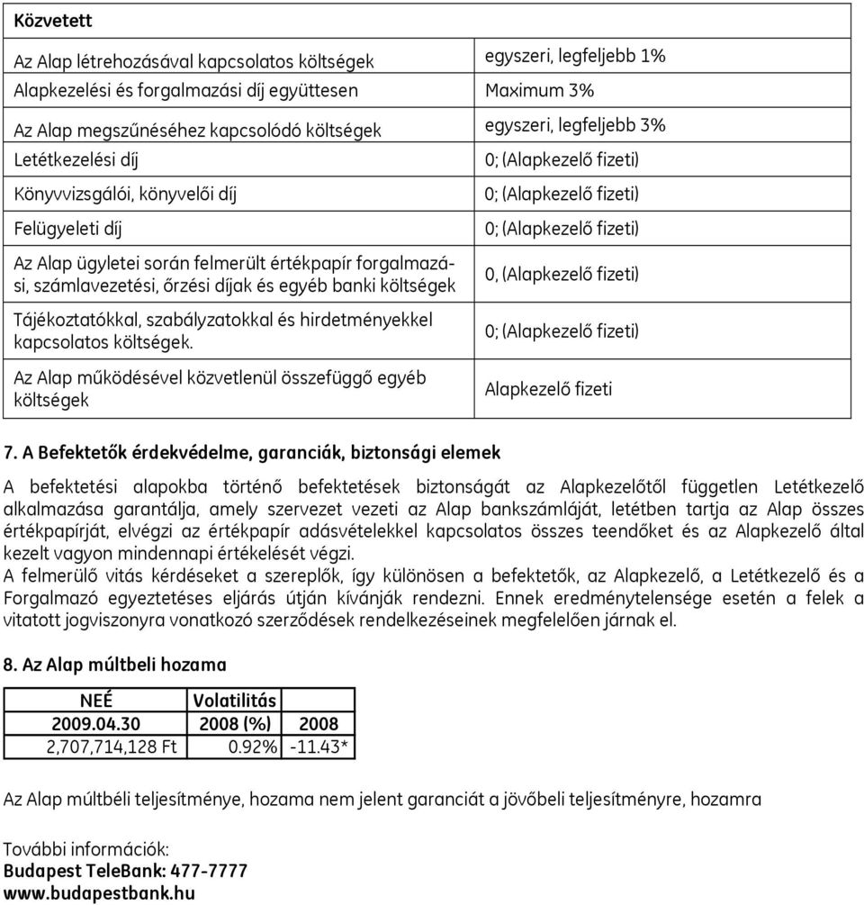 szabályzatokkal és hirdetményekkel kapcsolatos költségek. Az Alap működésével közvetlenül összefüggő egyéb költségek 7.