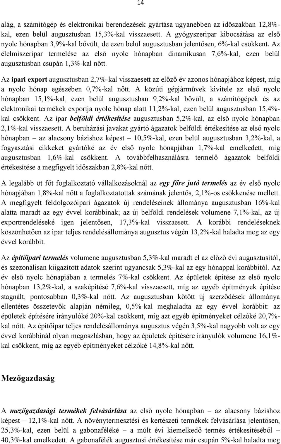 Az élelmiszeripar termelése az első nyolc hónapban dinamikusan 7,6%-kal, ezen belül augusztusban csupán 1,3%-kal nőtt.