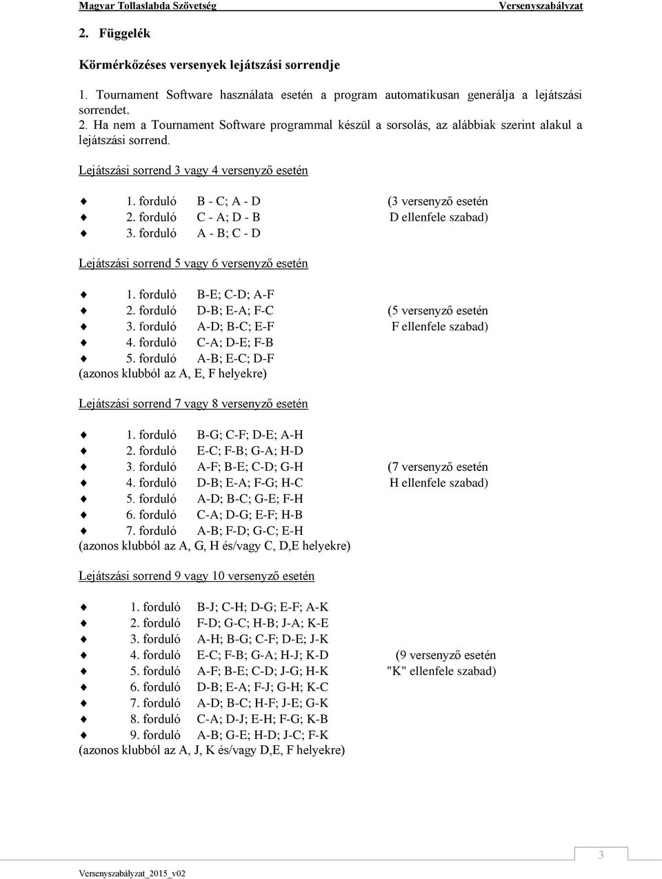 forduló C - A; D - B D ellenfele szabad) 3. forduló A - B; C - D Lejátszási sorrend 5 vagy 6 versenyző esetén 1. forduló B-E; C-D; A-F 2. forduló D-B; E-A; F-C (5 versenyző esetén 3.