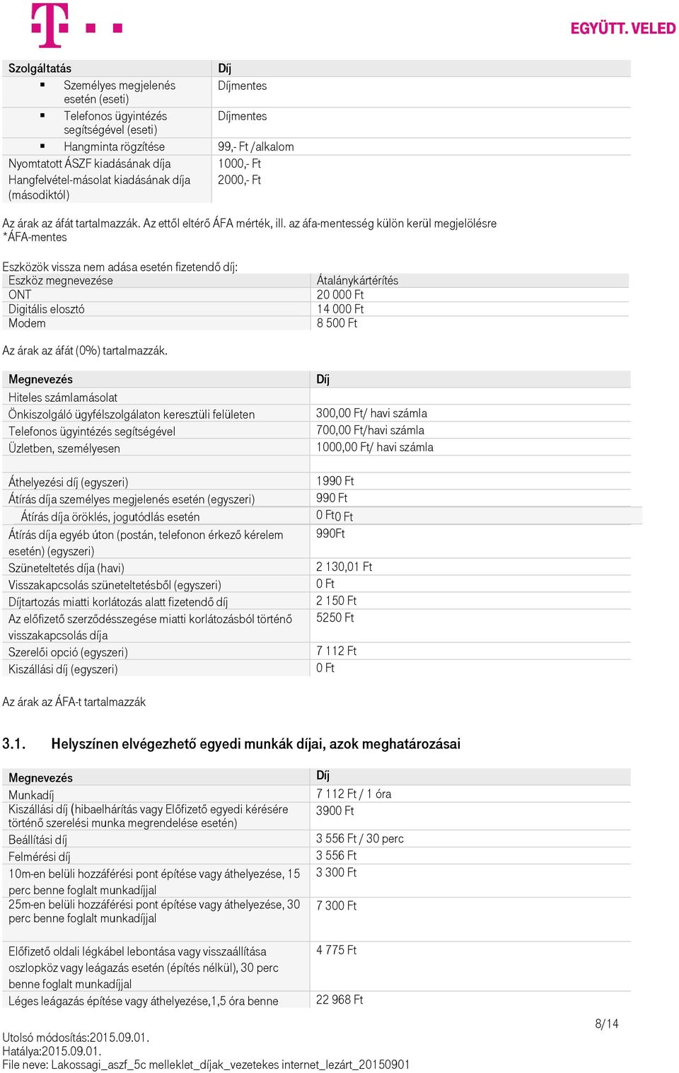 az áfa-mentesség külön kerül megjelölésre *ÁFA-mentes Eszközök vissza nem adása esetén fizetendő díj: Eszköz megnevezése ONT Digitális elosztó Modem Átalánykártérítés 20 000 Ft 14 000 Ft 8 500 Ft Az