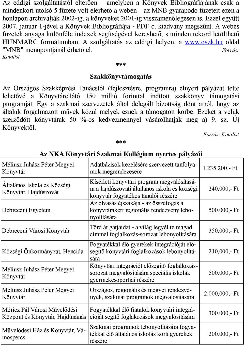 A webes füzetek anyaga különféle indexek segítségével kereshető, s minden rekord letölthető HUNMARC formátumban. A szolgáltatás az eddigi helyen, a www.oszk.hu oldal "MNB" menüpontjánál érhető el.