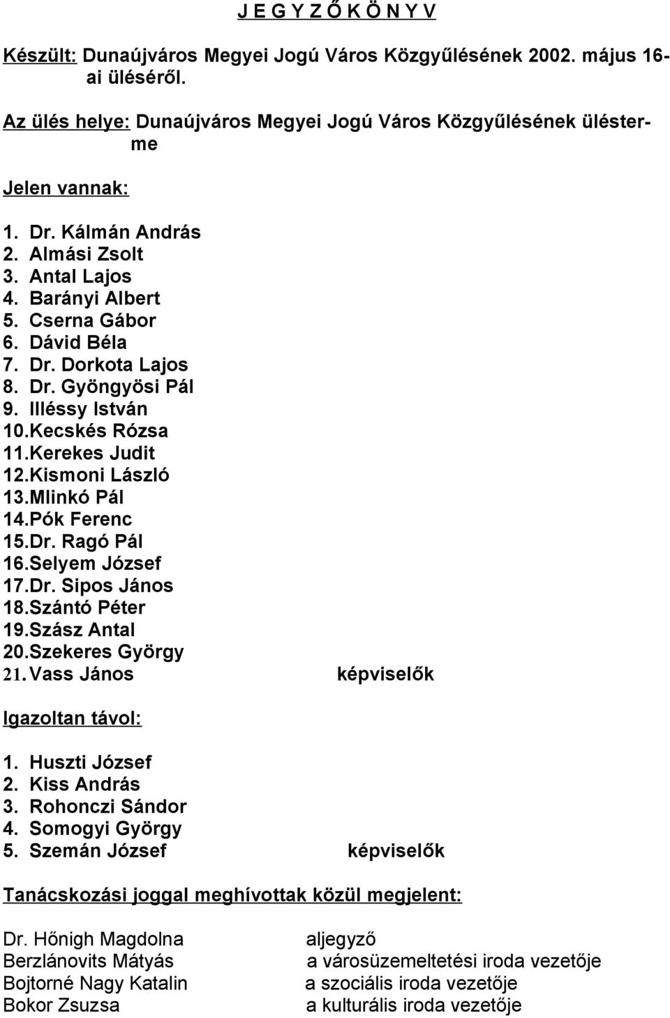Kismoni László 13.Mlinkó Pál 14.Pók Ferenc 15.Dr. Ragó Pál 16.Selyem József 17.Dr. Sipos János 18.Szántó Péter 19.Szász Antal 20.Szekeres György 21. Vass János képviselők Igazoltan távol: 1.