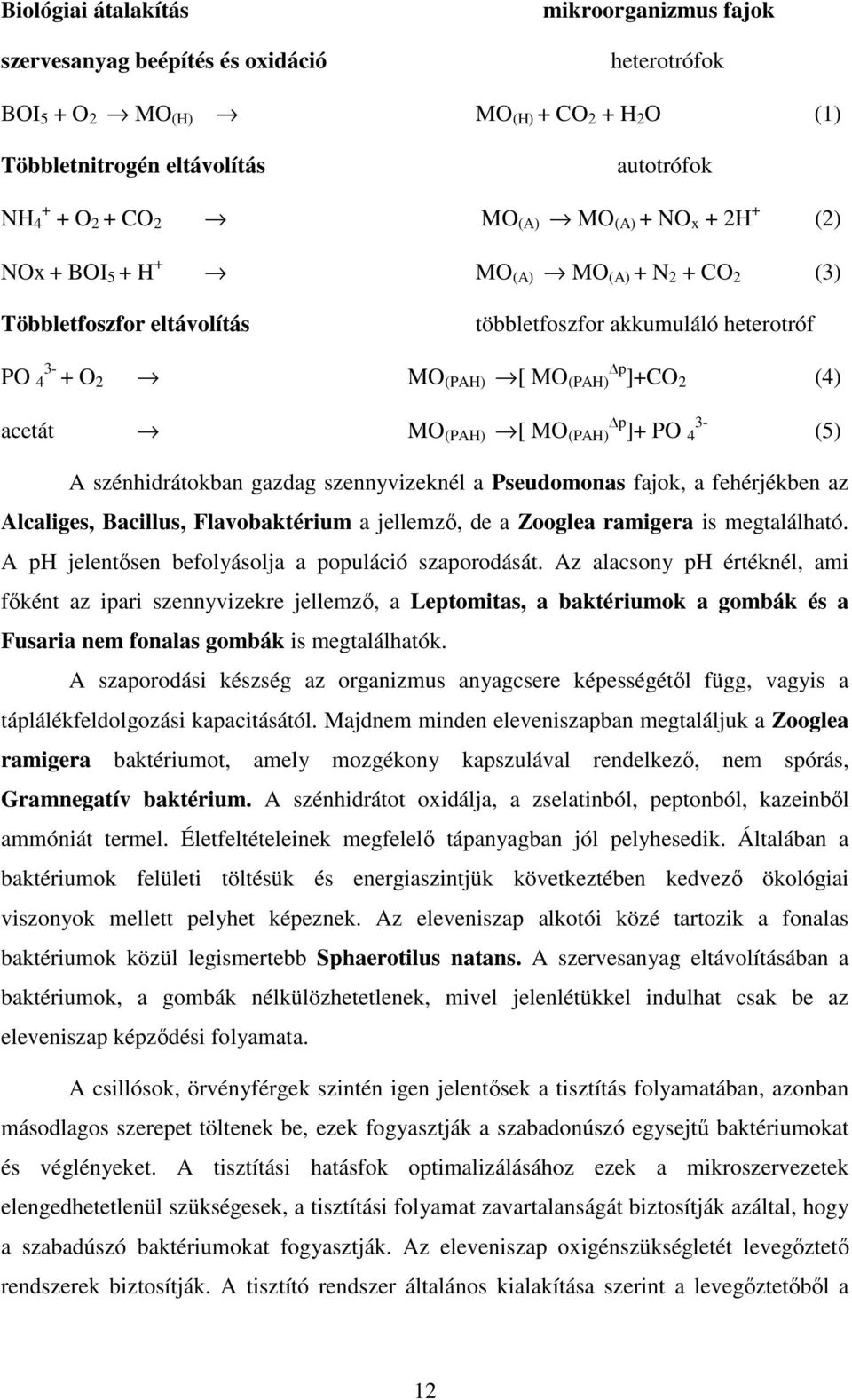 (PAH) [ MO (PAH) p ]+ PO 4 3- (5) A szénhidrátokban gazdag szennyvizeknél a Pseudomonas fajok, a fehérjékben az Alcaliges, Bacillus, Flavobaktérium a jellemzı, de a Zooglea ramigera is megtalálható.