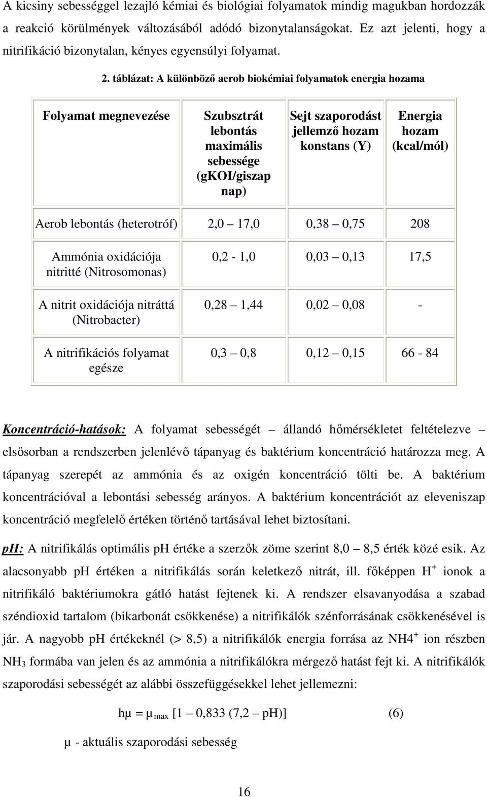 táblázat: A különbözı aerob biokémiai folyamatok energia hozama Folyamat megnevezése Szubsztrát lebontás maximális sebessége (gkoi/giszap nap) Sejt szaporodást jellemzı hozam konstans (Y) Energia