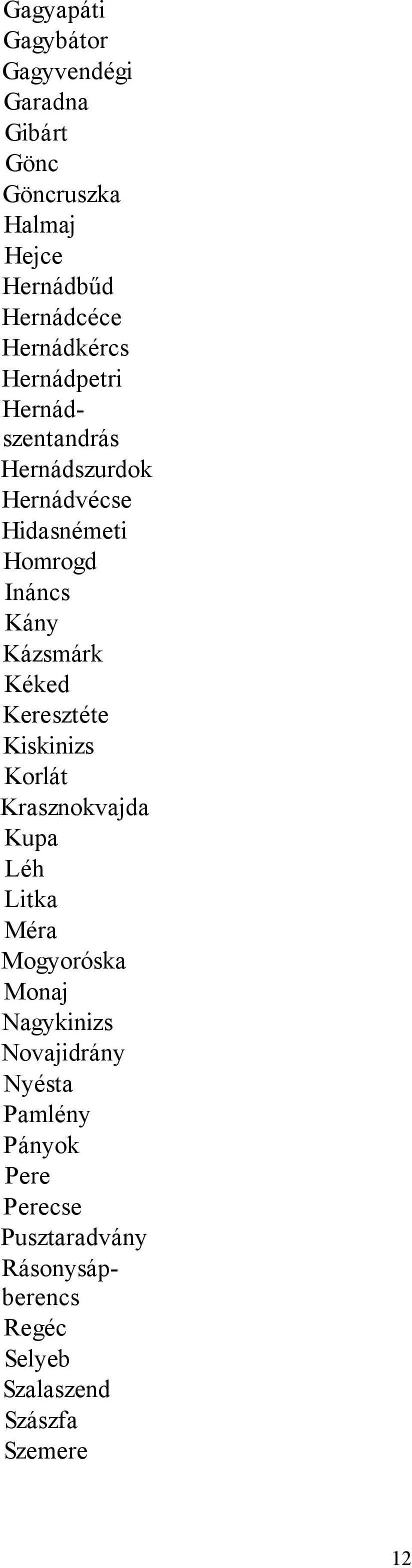 Kázsmárk Kéked Keresztéte Kiskinizs Korlát Krasznokvajda Kupa Léh Litka Méra Mogyoróska Monaj Nagykinizs