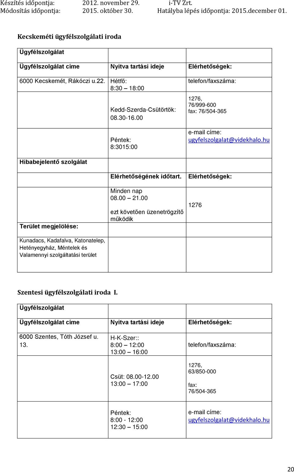 hu Hibabejelentő szolgálat Kunadacs, Kadafalva, Katonatelep, Hetényegyház, Méntelek és Valamennyi szolgáltatási terület Elérhetőségének időtart. Minden nap 08.00 21.