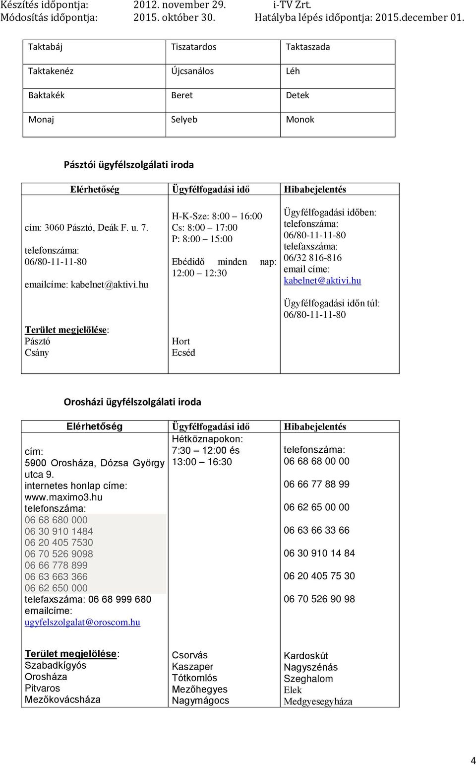 hu Pásztó Csány H-K-Sze: 8:00 16:00 Cs: 8:00 17:00 P: 8:00 15:00 Ebédidő minden nap: 12:00 12:30 Hort Ecséd Ügyfélfogadási időben: telefonszáma: 06/80-11-11-80 telefaxszáma: 06/32 816-816 email címe: