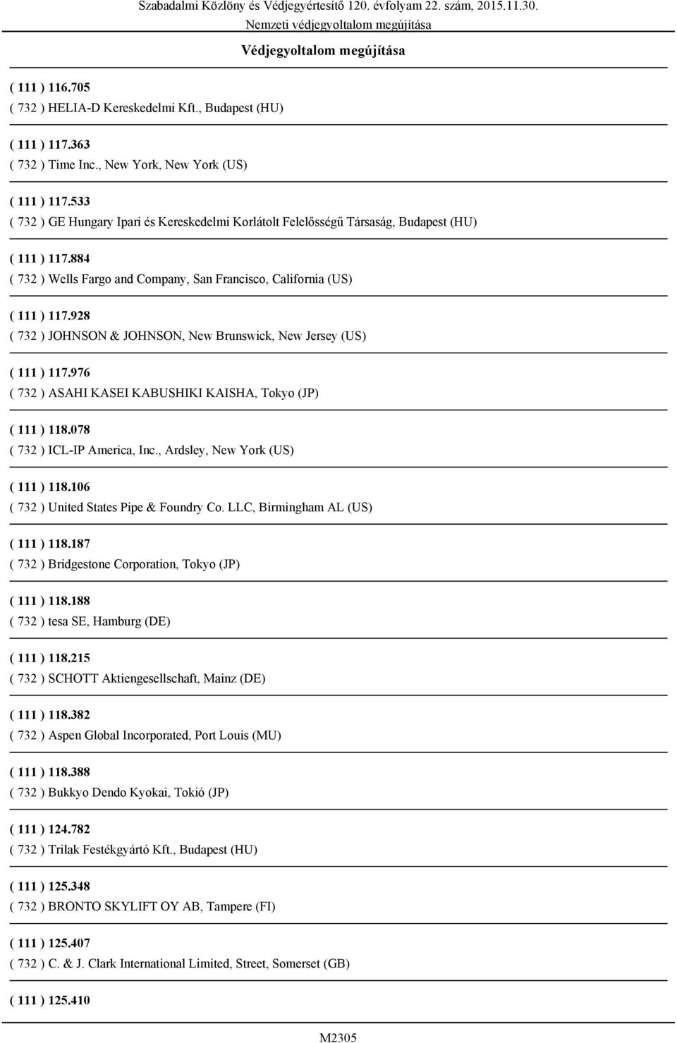 928 ( 732 ) JOHNSON & JOHNSON, New Brunswick, New Jersey (US) ( 111 ) 117.976 ( 732 ) ASAHI KASEI KABUSHIKI KAISHA, Tokyo (JP) ( 111 ) 118.078 ( 732 ) ICL-IP America, Inc.