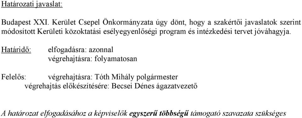 esélyegyenlőségi program és intézkedési tervet jóváhagyja.