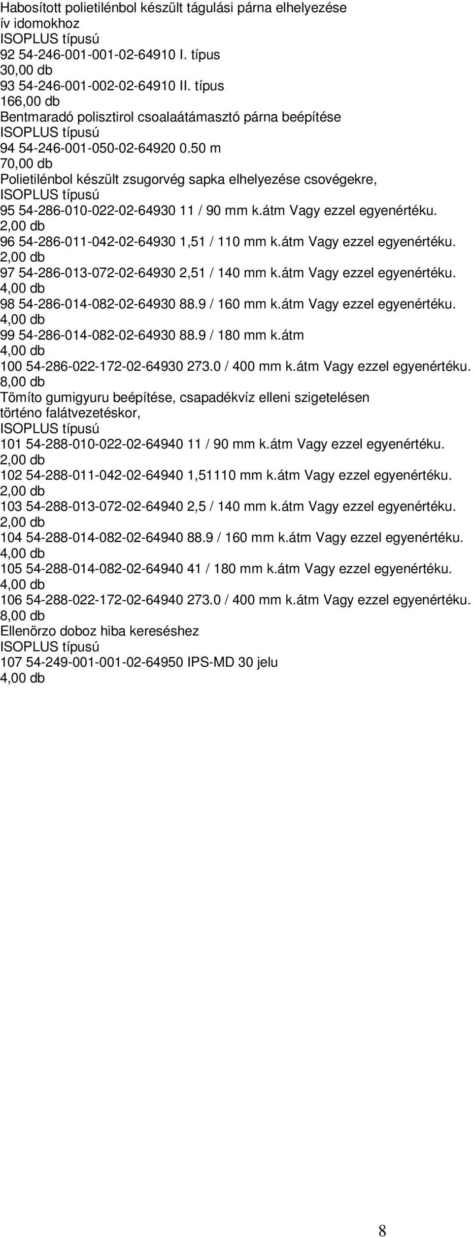 50 m 70,00 db Polietilénbol készült zsugorvég sapka elhelyezése csovégekre, 95 54-286-010-022-02-64930 11 / 90 mm k.átm Vagy ezzel egyenértéku. 96 54-286-011-042-02-64930 1,51 / 110 mm k.