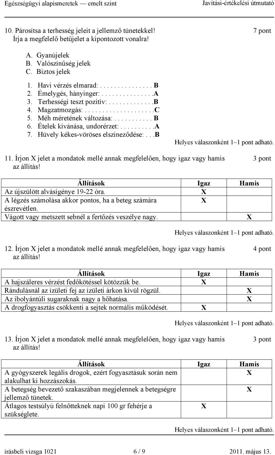 Hüvely kékes-vöröses elszíneződése:...b 11. Írjon jelet a mondatok mellé annak megfelelően, hogy igaz vagy hamis 3 pont Az újszülött alvásigénye 19-22 óra.