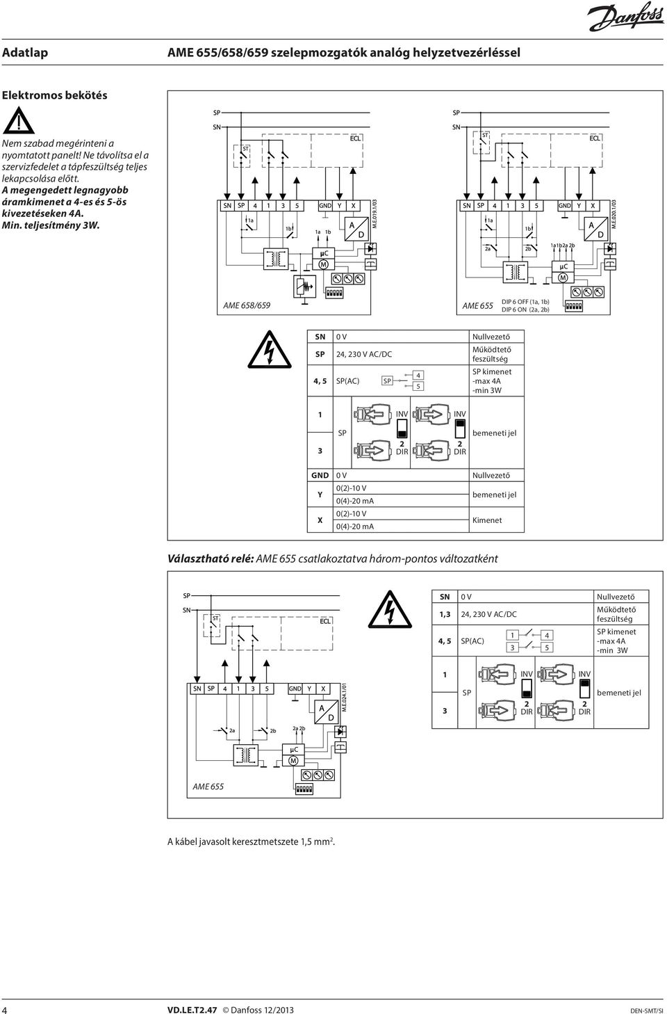 AME 658/659 AME 655 DIP 6 OFF (1a, 1b) DIP 6 ON (2a, 2b) SN 0 V Nullvezető SP 24, 230 V AC/DC 4, 5 SP(AC) SP 4 5 Működtető feszültség SP kimenet -max 4A -min 3W 1 INV INV 3 SP 2 2 bemeneti jel GND 0