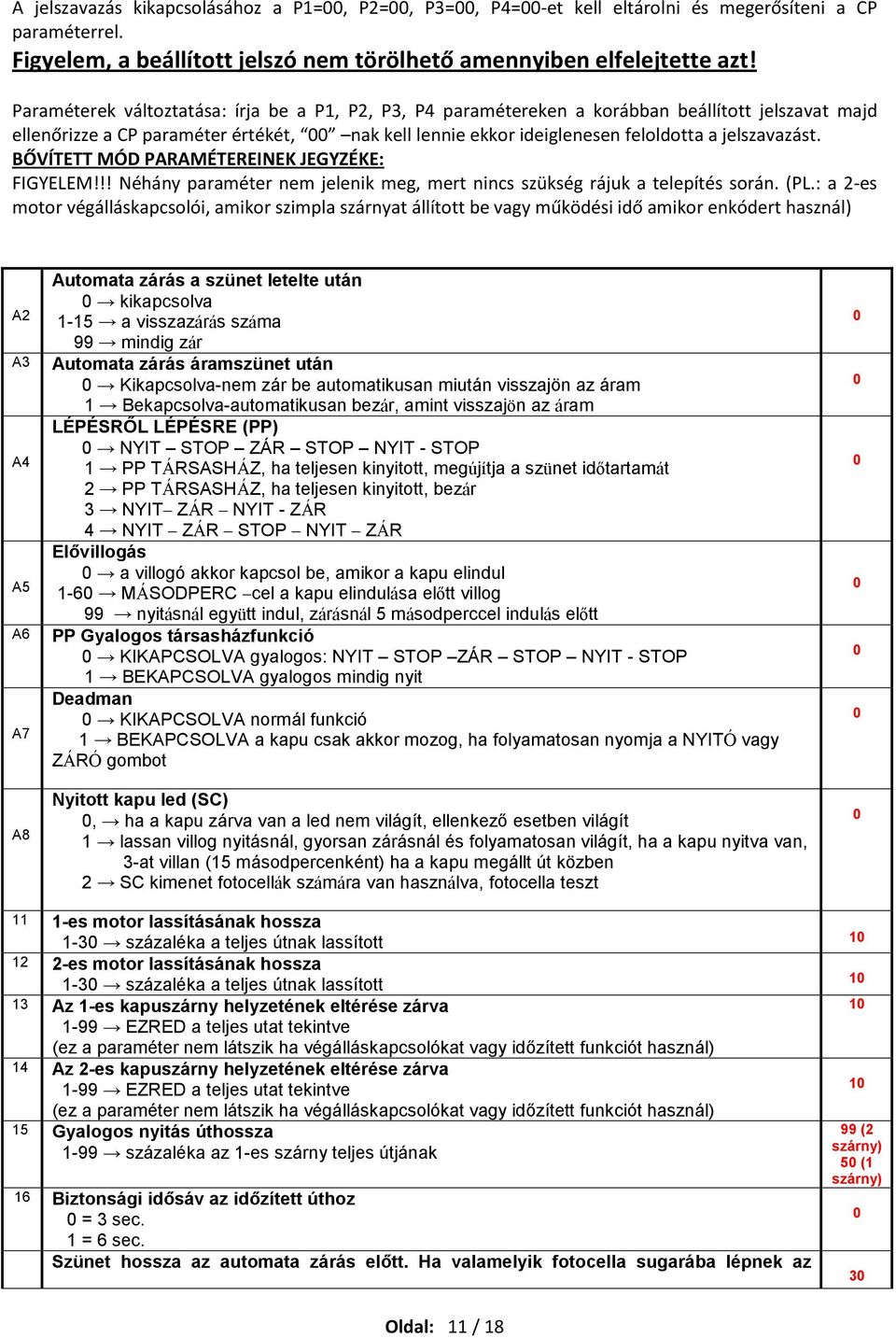 BŐVÍTETT MÓD PARAMÉTEREINEK JEGYZÉKE: FIGYELEM!!! Néhány paraméter nem jelenik meg, mert nincs szükség rájuk a telepítés során. (PL.