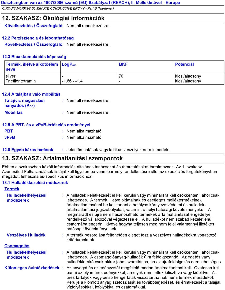 13. SZAKASZ Ártalmatlanítási szempontok Ebben a szakaszban közölt információk általános tanácsokat és útmutatásokat tartalmaznak. Az 1.