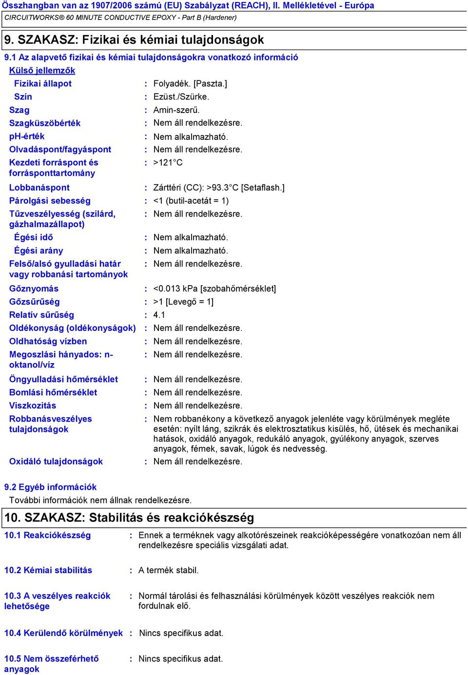 Lobbanáspont Gőznyomás Gőzsűrűség Relatív sűrűség Oldékonyság (oldékonyságok) Folyadék. [Paszta.] Ezüst./Szürke. Aminszerű. Nem alkalmazható.