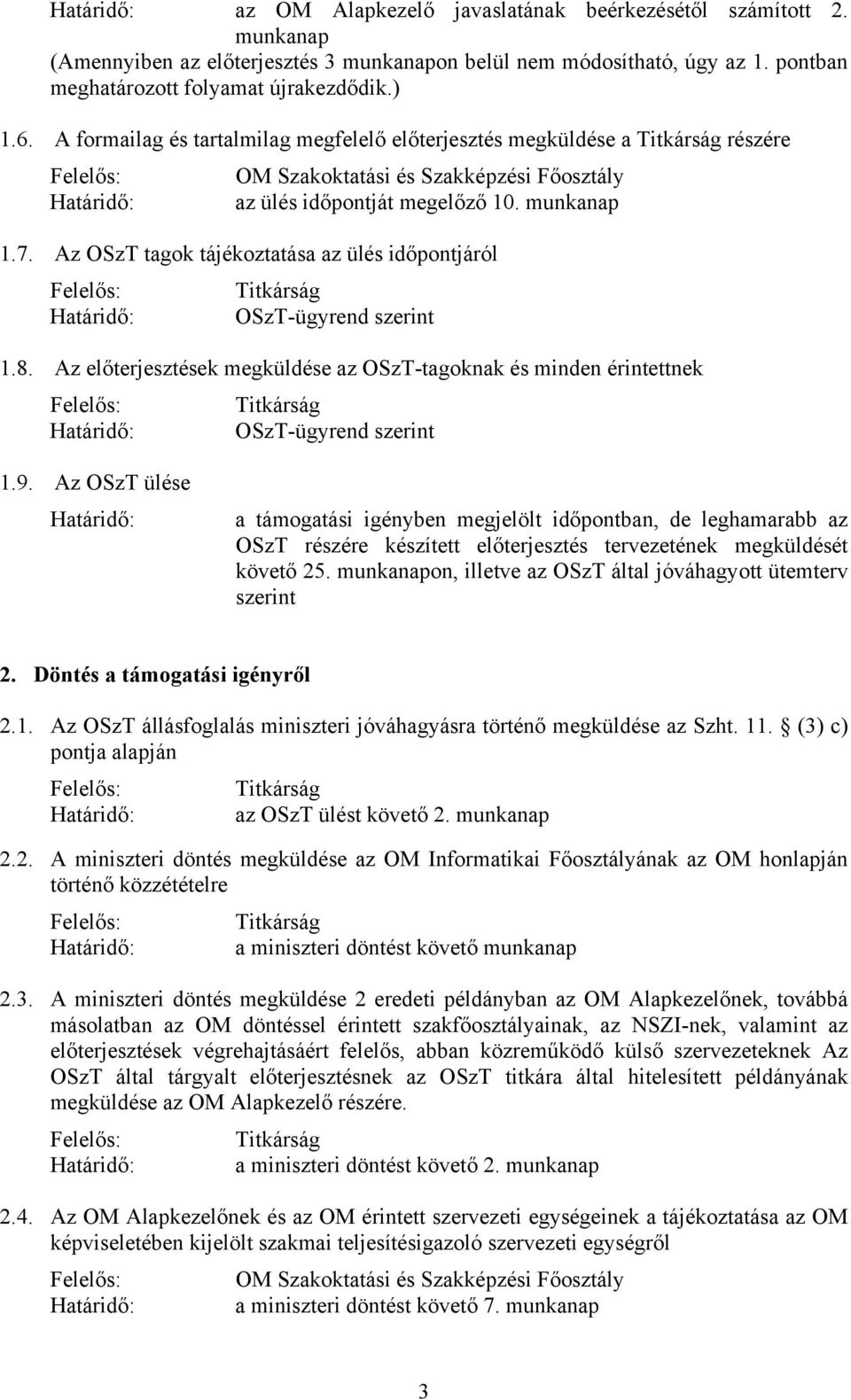 Az előterjesztések megküldése az OSzT-tagoknak és minden érintettnek OSzT-ügyrend szerint 1.9.