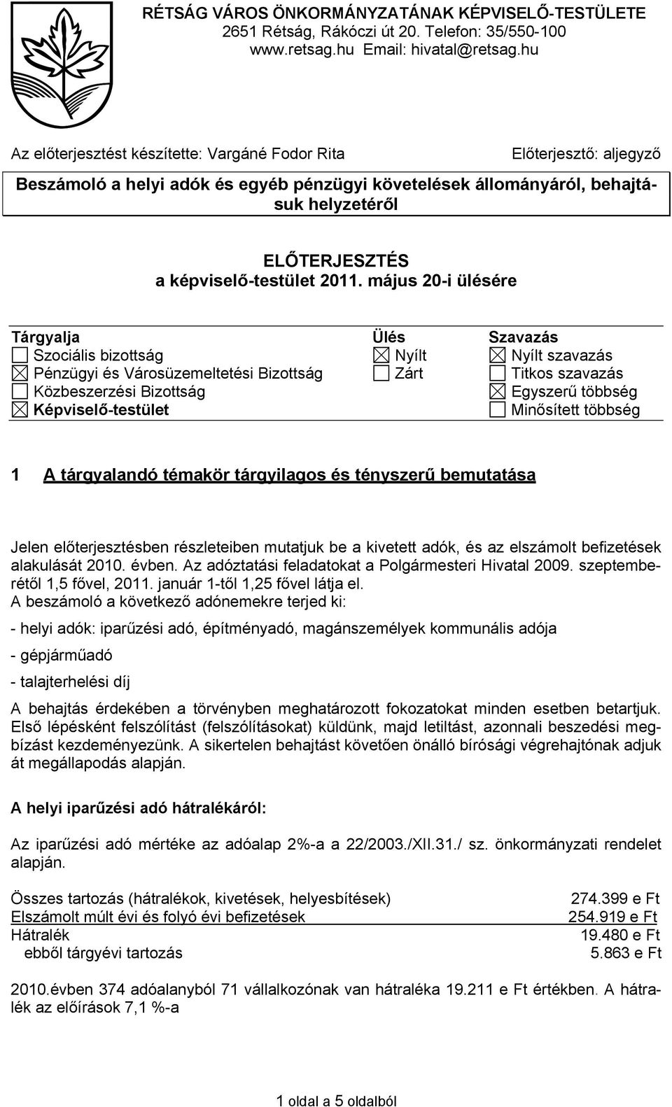 2011. május 20-i ülésére Tárgyalja Ülés Szavazás Szociális bizottság Nyílt Nyílt szavazás Pénzügyi és Városüzemeltetési Bizottság Zárt Titkos szavazás Közbeszerzési Bizottság Egyszerű többség