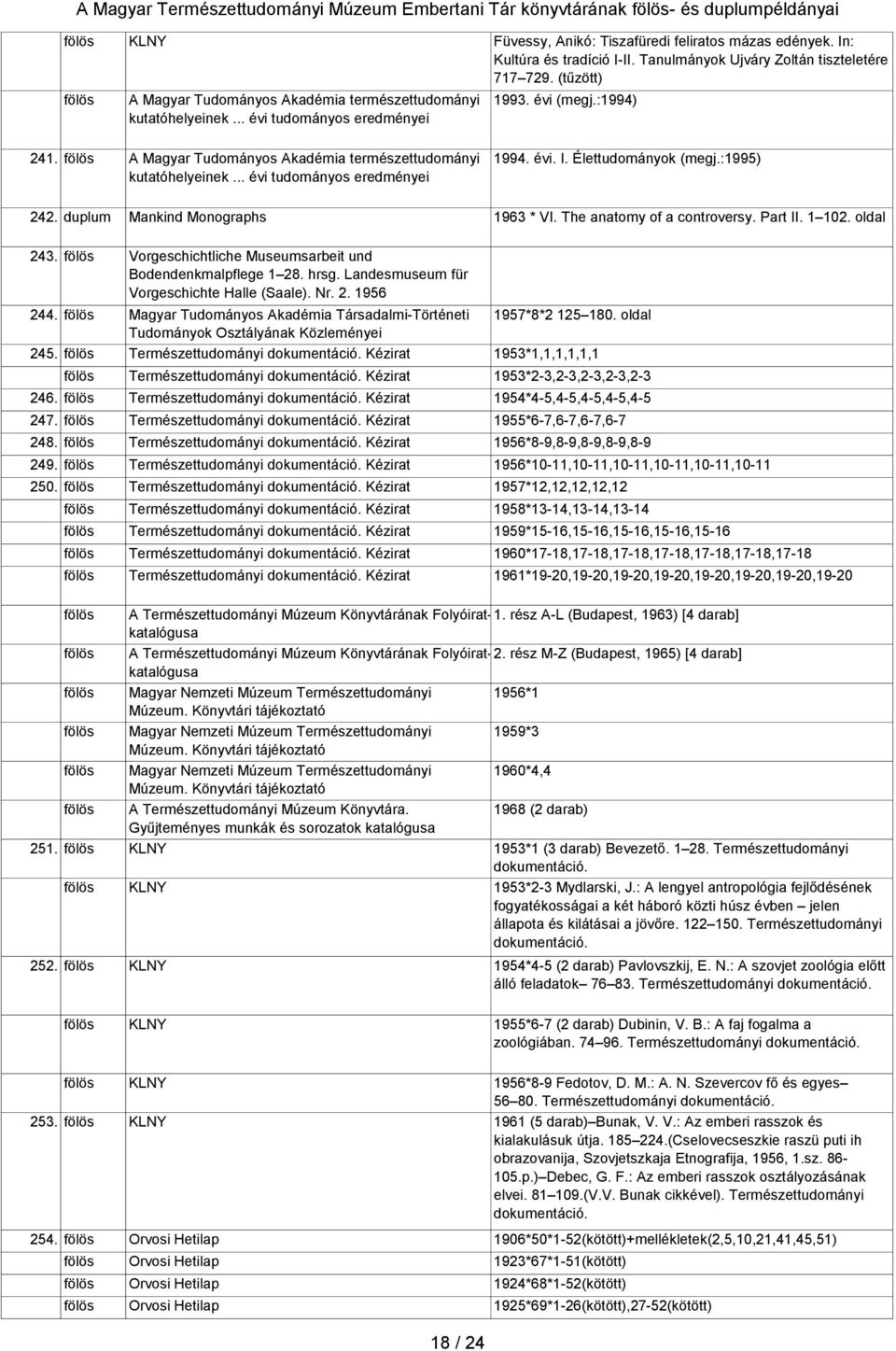 évi. I. Élettudományok (megj.:1995) 242. duplum Mankind Monographs 1963 * VI. The anatomy of a controversy. Part II. 1 102. oldal 243. Vorgeschichtliche Museumsarbeit und Bodendenkmalpflege 1 28.