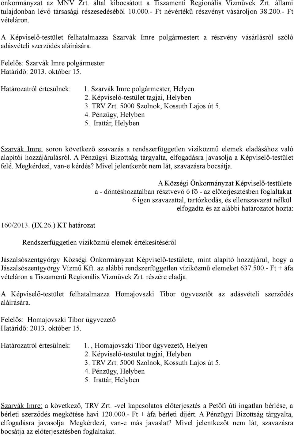 Képviselő-testület tagjai, Helyben 3. TRV Zrt. 5000 Szolnok, Kossuth Lajos út 5. 4. Pénzügy, Helyben 5.