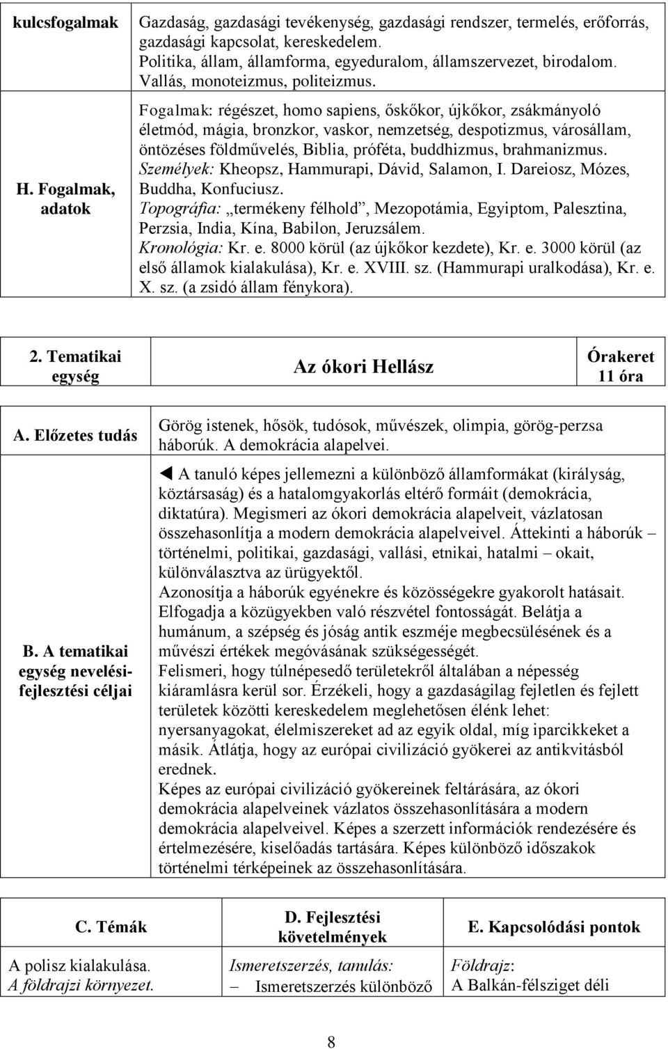 Fogalmak: régészet, homo sapiens, őskőkor, újkőkor, zsákmányoló életmód, mágia, bronzkor, vaskor, nemzetség, despotizmus, városállam, öntözéses földművelés, Biblia, próféta, buddhizmus, brahmanizmus.