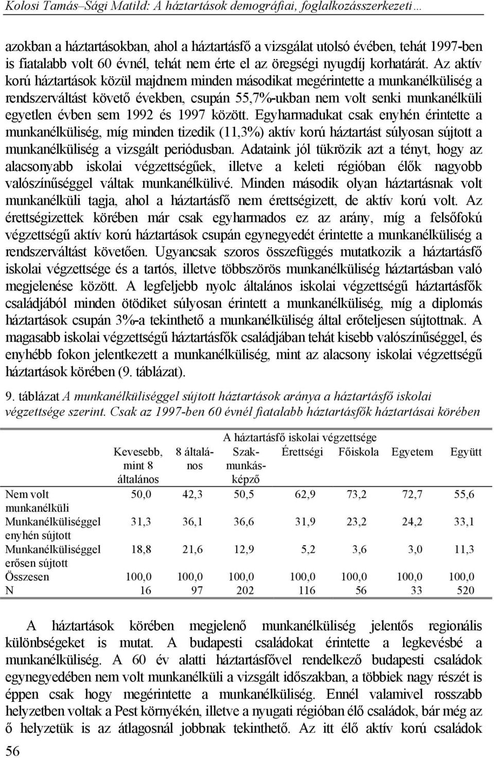 1997 között. Egyharmadukat csak enyhén érintette a munkanélküliség, míg minden tizedik (11,3%) aktív korú háztartást súlyosan sújtott a munkanélküliség a vizsgált periódusban.