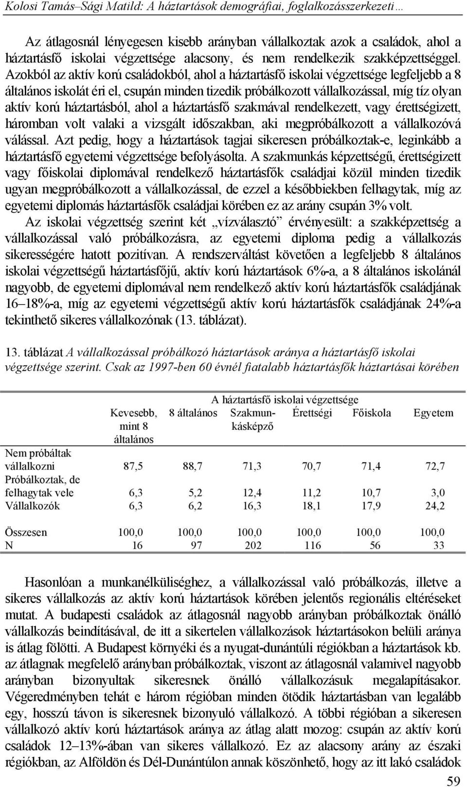 háztartásból, ahol a háztartásfő szakmával rendelkezett, vagy érettségizett, háromban volt valaki a vizsgált időszakban, aki megpróbálkozott a vállalkozóvá válással.