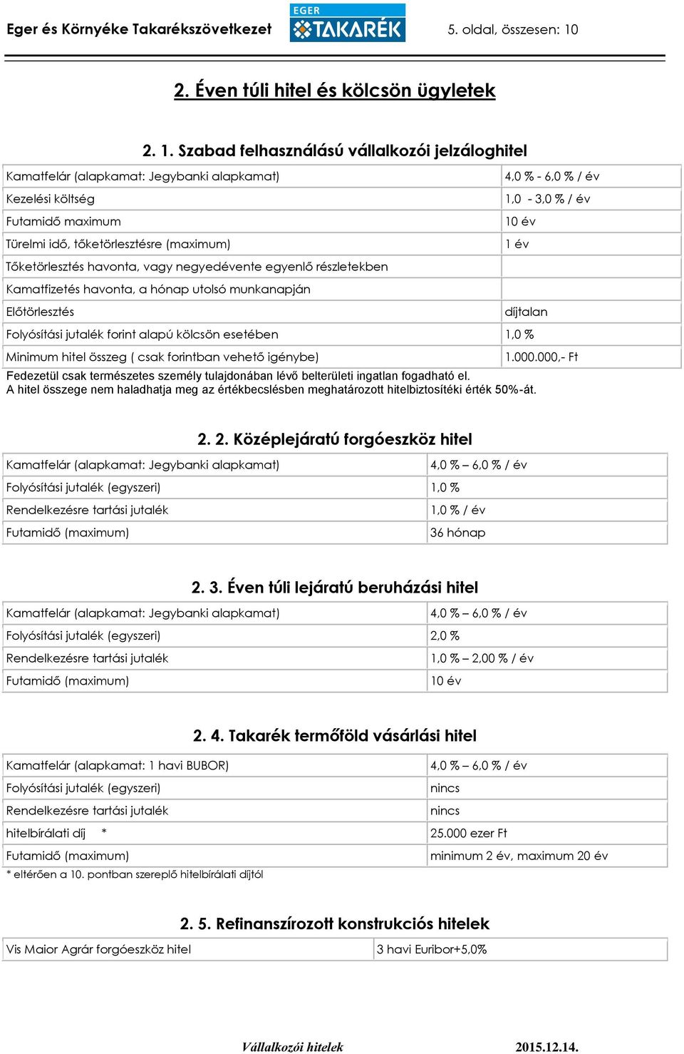 Szabad felhasználású vállalkozói jelzáloghitel Kezelési költség maximum, tőketörlesztésre (maximum) Tőketörlesztés havonta, vagy negyedévente egyenlő részletekben Kamatfizetés havonta, a hónap utolsó