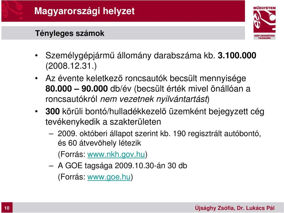 000 db/év (becsült érték mivel önállóan a roncsautókról nem vezetnek nyilvántartást) 300 körüli bontó/hulladékkezelő üzemként