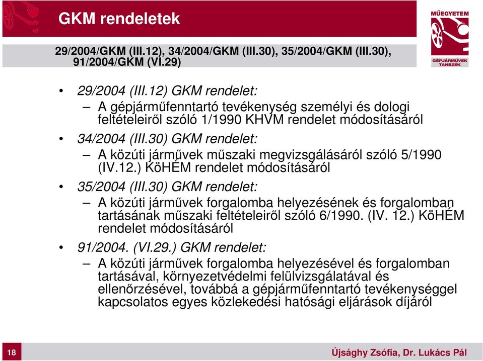 30) GKM rendelet: A közúti járművek műszaki megvizsgálásáról szóló 5/1990 (IV.12.) KöHÉM rendelet módosításáról 35/2004 (III.