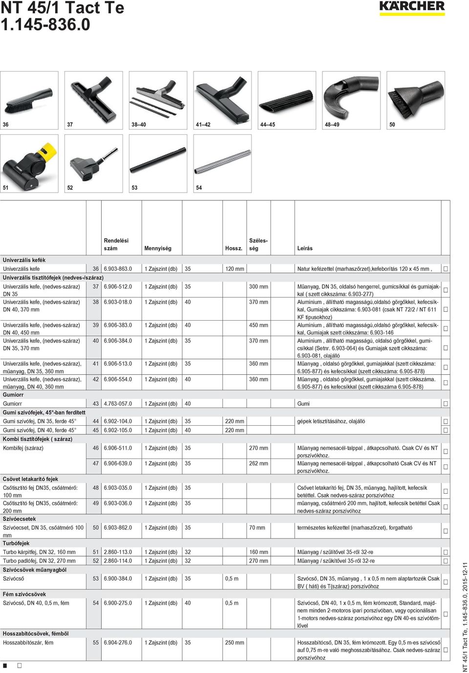 0 1 Zajszint (db) 35 300 mm Műanyag, DN 35, oldalsó hengerrel, gumicsíkkal és gumiajakkal ( szett cikkszáma: 6.903-277) DN 35 Univerzális kefe, (nedves-száraz) 38 6.903-018.