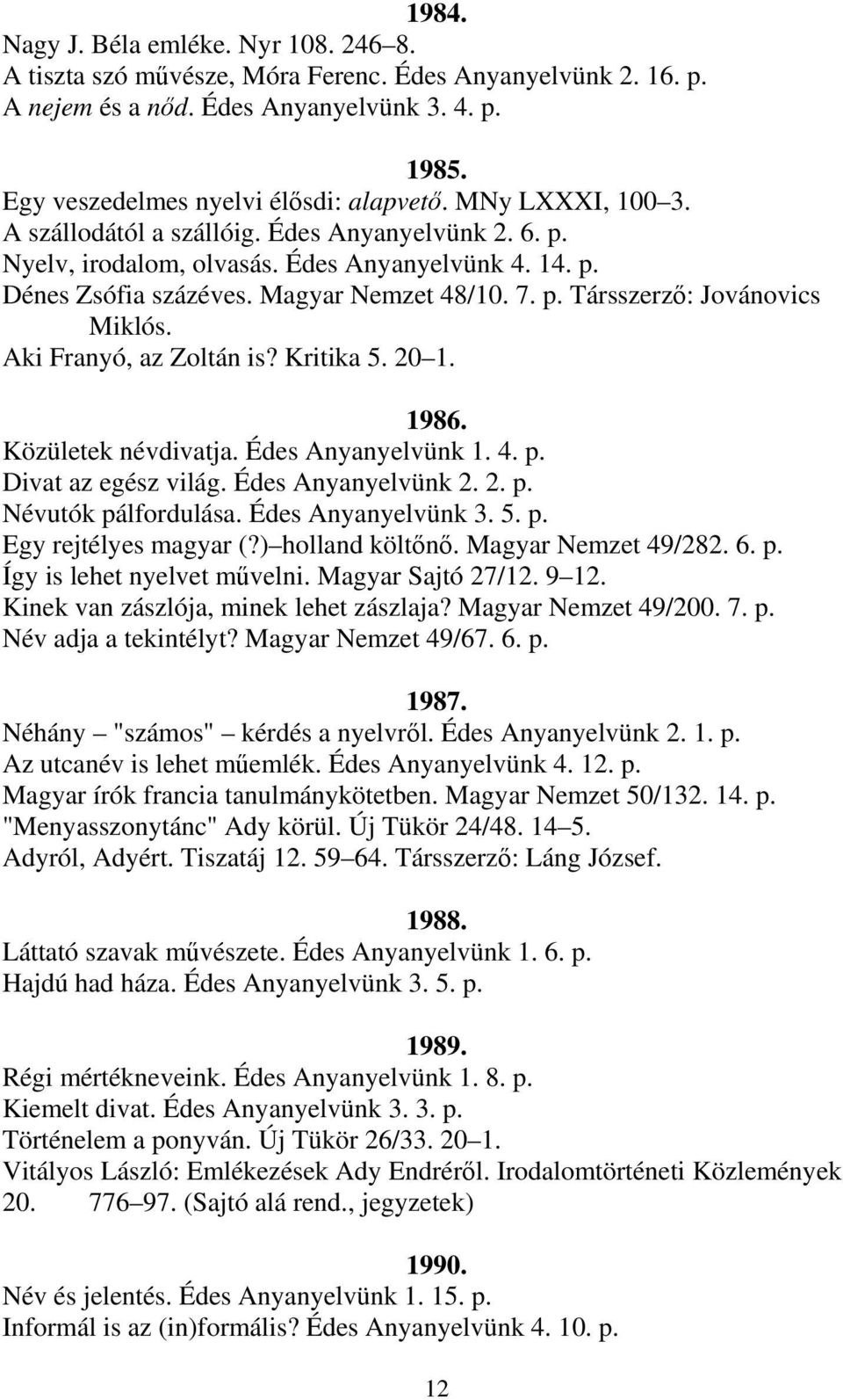 Aki Franyó, az Zoltán is? Kritika 5. 20 1. 1986. Közületek névdivatja. Édes Anyanyelvünk 1. 4. p. Divat az egész világ. Édes Anyanyelvünk 2. 2. p. Névutók pálfordulása. Édes Anyanyelvünk 3. 5. p. Egy rejtélyes magyar (?