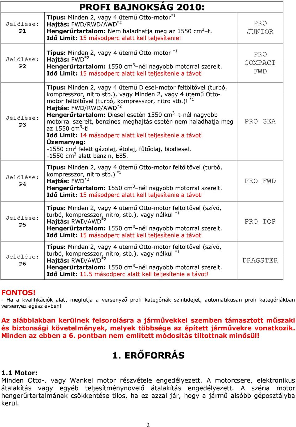 Idı Limit: 15 másodperc alatt kell teljesítenie a távot! Típus: Minden 2, vagy 4 ütemő Diesel-motor feltöltıvel (turbó, kompresszor, nitro stb.