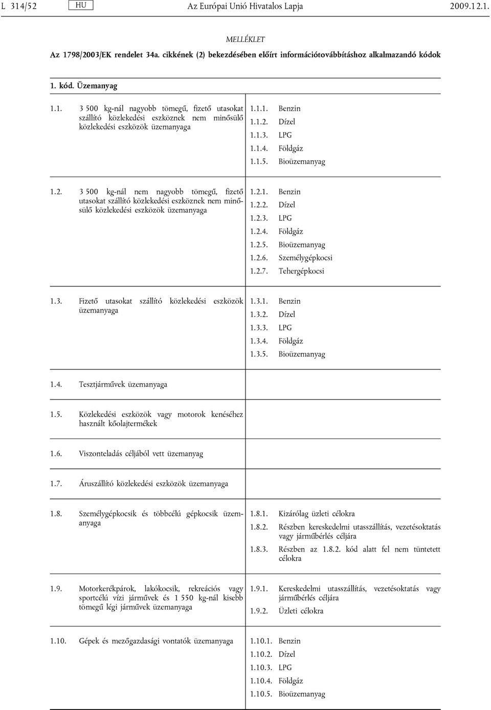 Személygépkocsi 1.2.7. Tehergépkocsi 1.3. Fizető utasokat szállító közlekedési eszközök üzemanyaga 1.3.1. Benzin 1.3.2. Dízel 1.3.3. LPG 1.3.4. Földgáz 1.3.5. Bioüzemanyag 1.4. Tesztjárművek üzemanyaga 1.